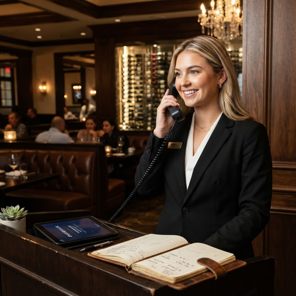 A young blonde maître d' in a white blouse and black blazer smiling while taking a reservation call at the host stand of an upscale steakhouse with a wine wall and dark wood accents